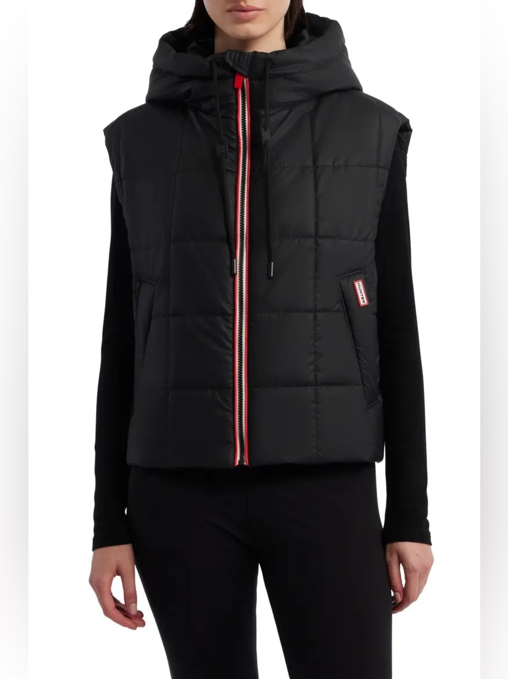 HUNTER Quilted Puffer Vest Hooded Weather Resistant Zip Front Square Neck Vents